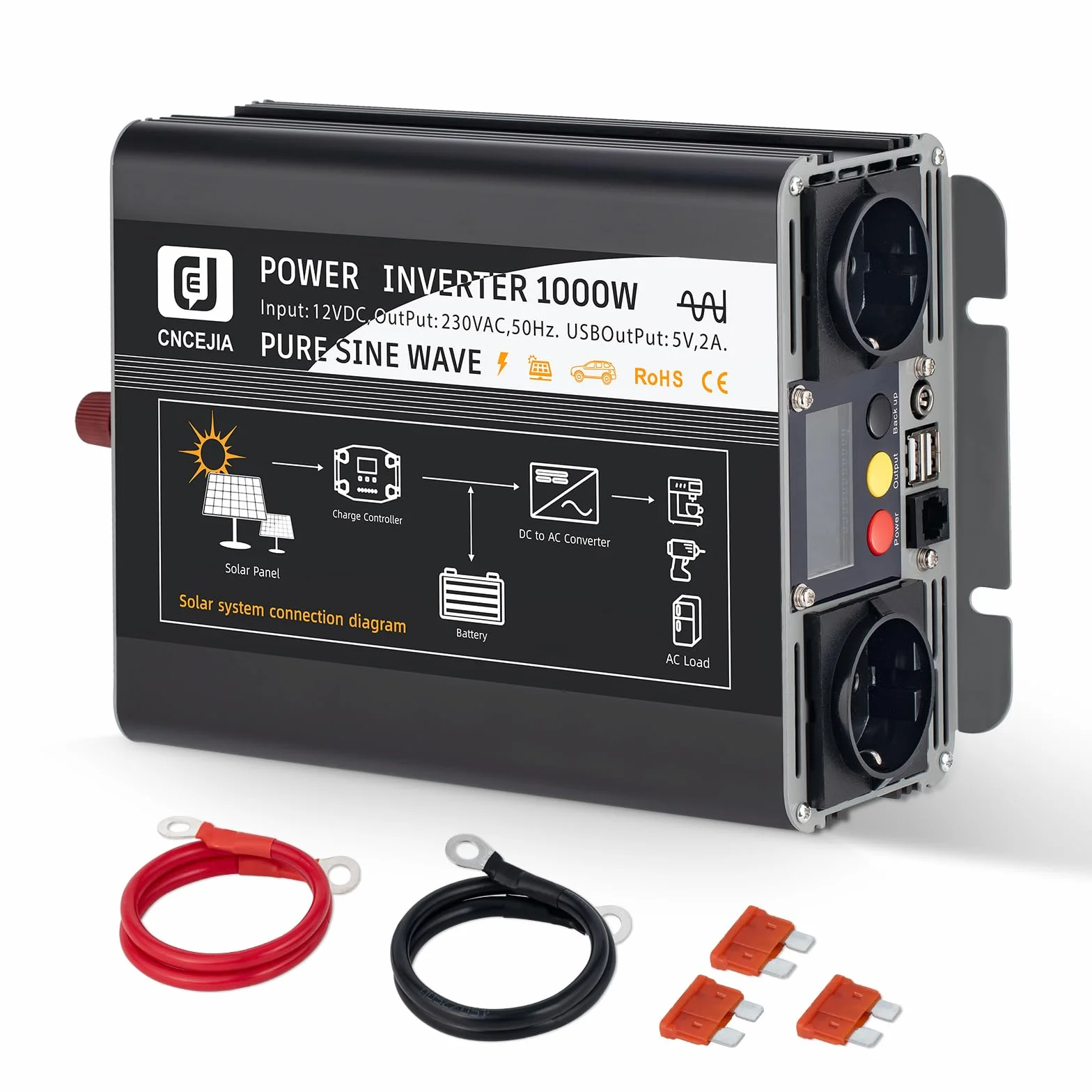 przetwornica napięcia 1000 W, czysta sinusoidalna 12 V na 230 V, z 2 portami USB, 2 gniazdami LCD, do samochodu, kampera, na kemping (czarny)