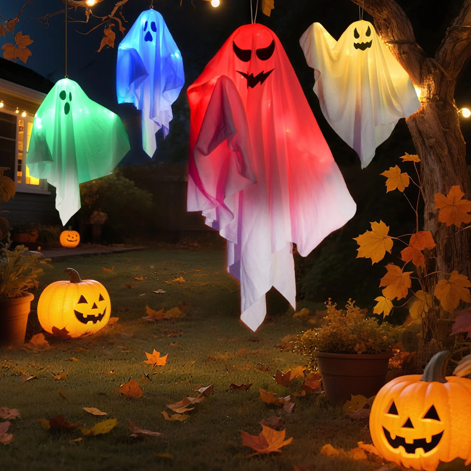 Dekoracyjne duchy LED na Halloween, dekoracja wisząca, 4 sztuki