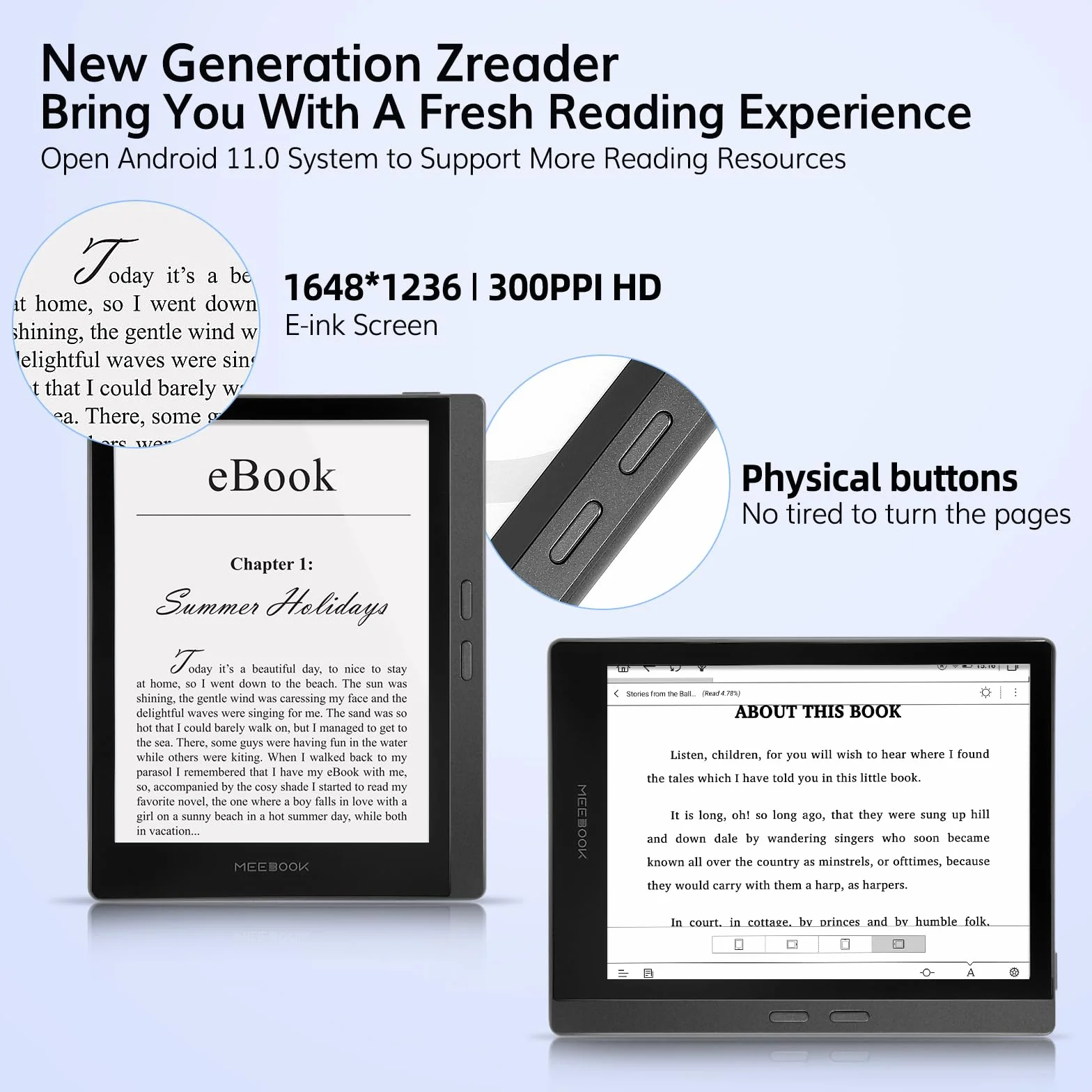 Meebook E-Reader M7 | 6.8' Eink Carta Screen | 300PPI Smart Light | Android 11 | Ouad Core Processor | Out Speaker | Support Google Play Store | 3GB+32GB Storage | Micro-SD slot | Gray