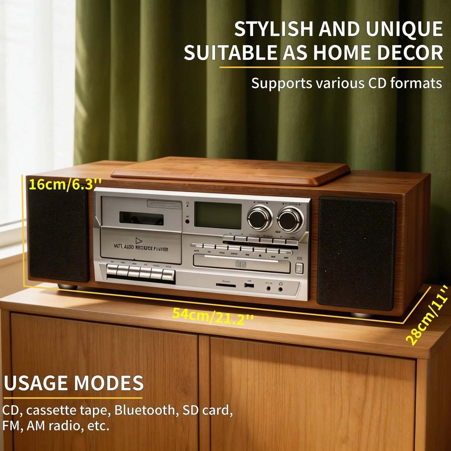 Odtwarzacz CD/MP3/kasetowy z radiem FM i pilotem zdalnego sterowania – centrum multimedialne z wbudowanymi głośnikami stereo i wejściem USB/AUX, wykończenie w stylu retro
