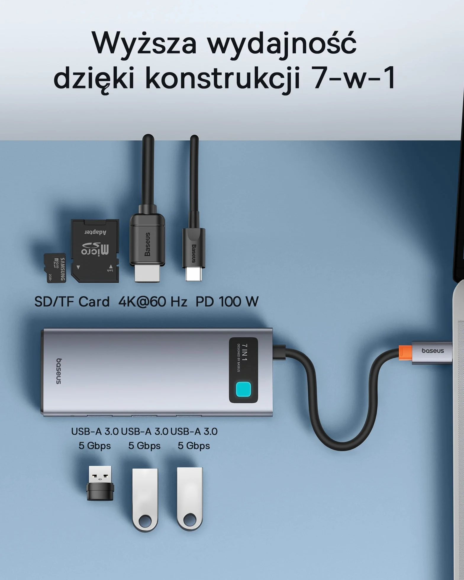 Baseus Koncentrator USB C 7 w 1 z 4K@60Hz HDMI, 100W PD, 3 USB A, Czytnik Kart SD/TF do Laptopów MacBook,Surface Pro,iPad Steam Deck,Samsung