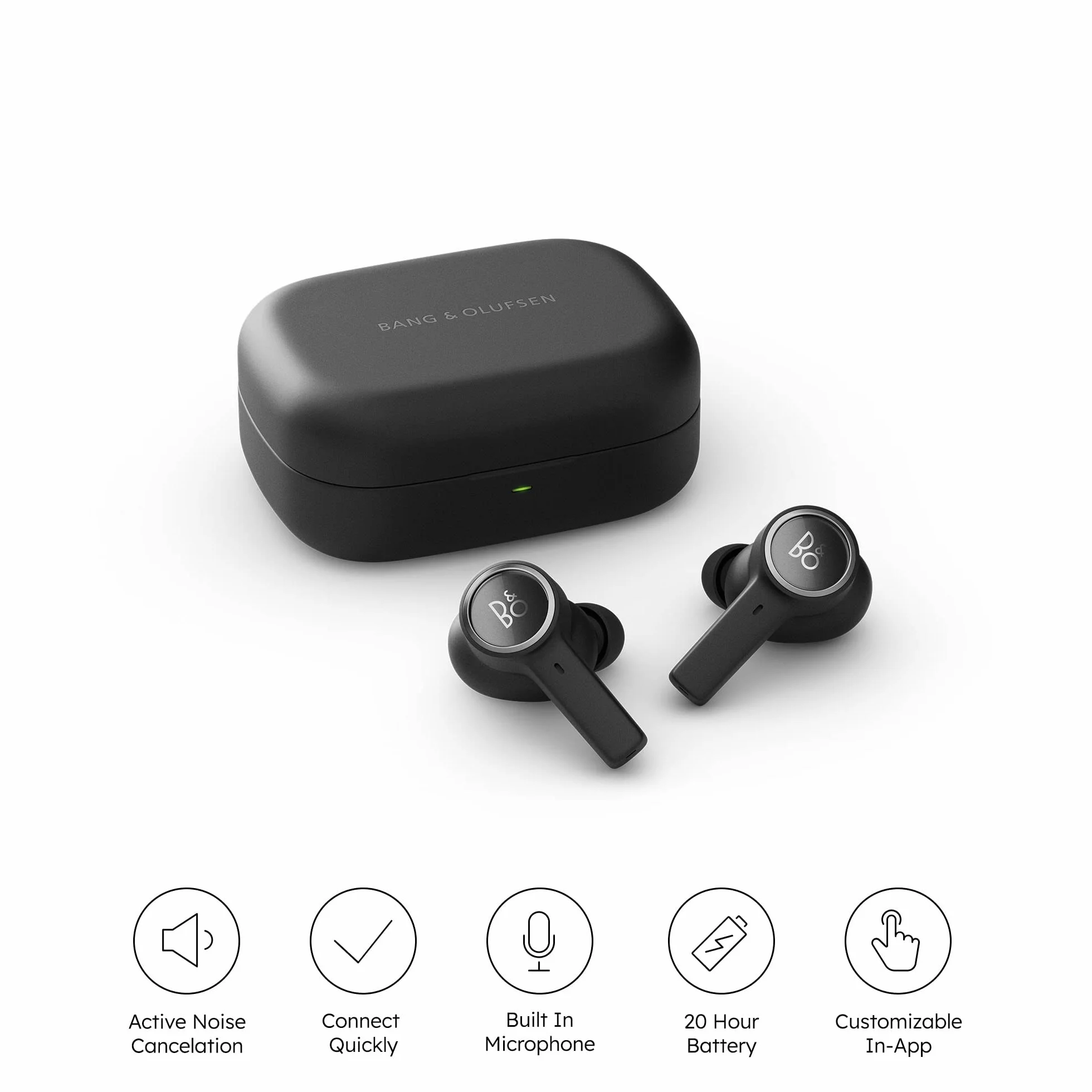 Bang & Olufsen Beoplay EX Bezprzewodowe słuchawki douszne z redukcją szumów (ANC), wodoodporne słuchawki z bluetooth, 28 godzin pracy akumulatora, sportowe i robocze słuchawki z etui ładującym - Black
