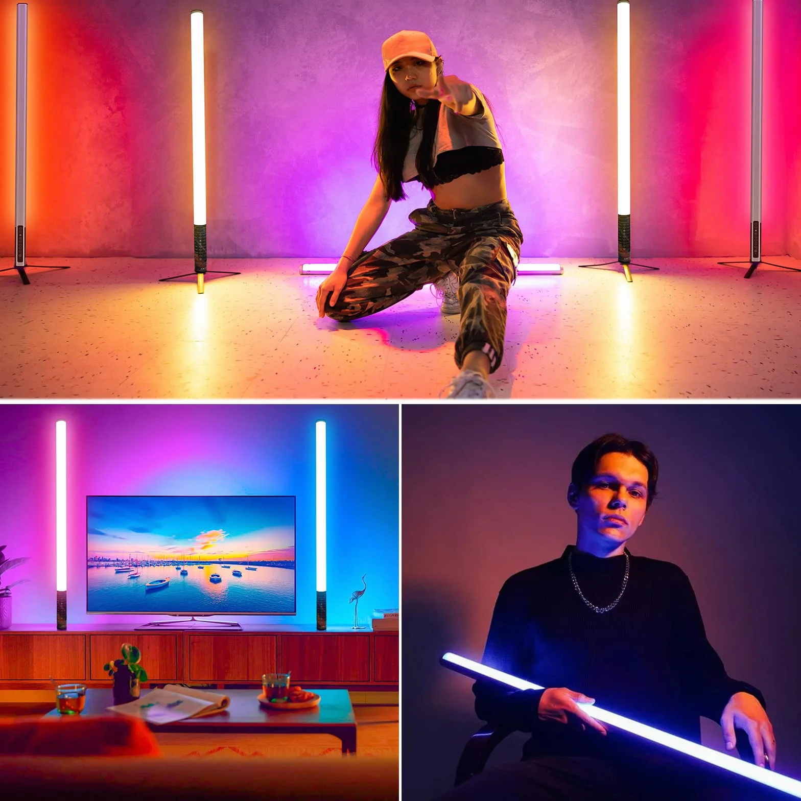 LUXCEO 4 sztuki 85 cm LED kijek świetlny Mood1 ze statywem, fotografia ręczna LED, możliwość przyciemniania światła i pamięci, wbudowany akumulator, lampa fotograficzna RGB do YouTube, TikTok