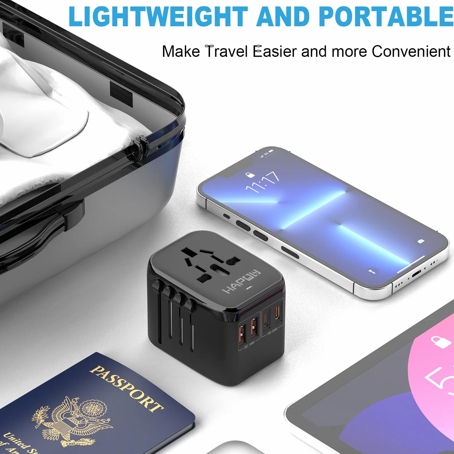 HAPOW - Uniwersalny adapter podróżny PD20W, międzynarodowy zasilacz sieciowy, 2 USB-C i 2 USB-A, ładowarka podróżna do szybkiego ładowania, adapter do gniazdka podróżnego na całym świecie, adapter