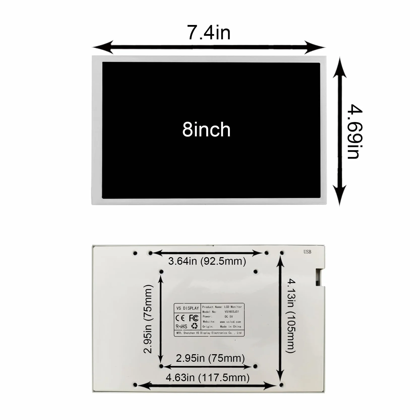 VSDISPLAY Przenośny biały 8-calowy wyświetlacz IPS LCD 800x1280 | do monitora obudowy komputera, obsługiwany dynamiczny motyw