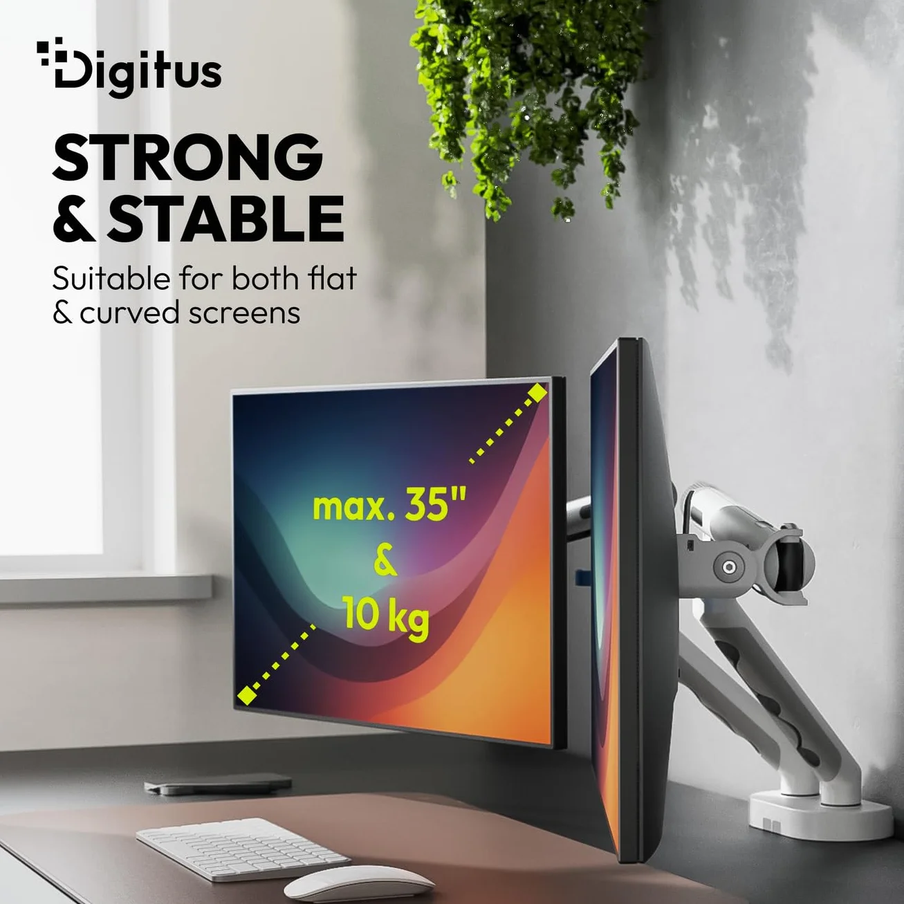 DIGITUS Podwójny uchwyt do monitora – dwa monitory – do 35 cali – sprężyna mechaniczna – nośność 10 kg – do płaskich i zakrzywionych ekranów – VESA 75x75, 100x100 – seria Design – biały