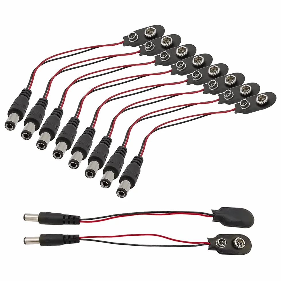 Zaciski do akumulatora 9V Snap-on z wtyczką DC 5,5x2,1mm 10 szt.
