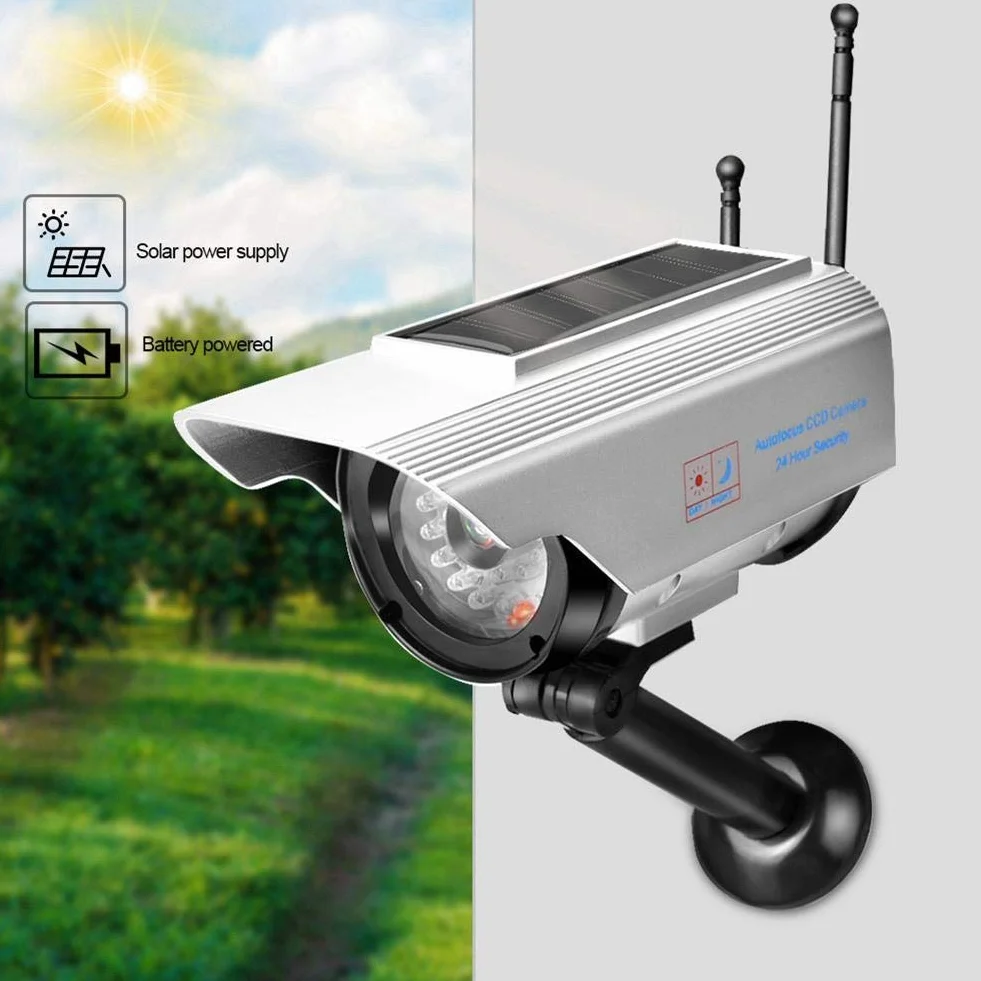Fake Camera, srebrny solarny i zasilany bateriami, migający wyświetlacz LED, wodoszczelny, łatwy w instalacji aparat Fake