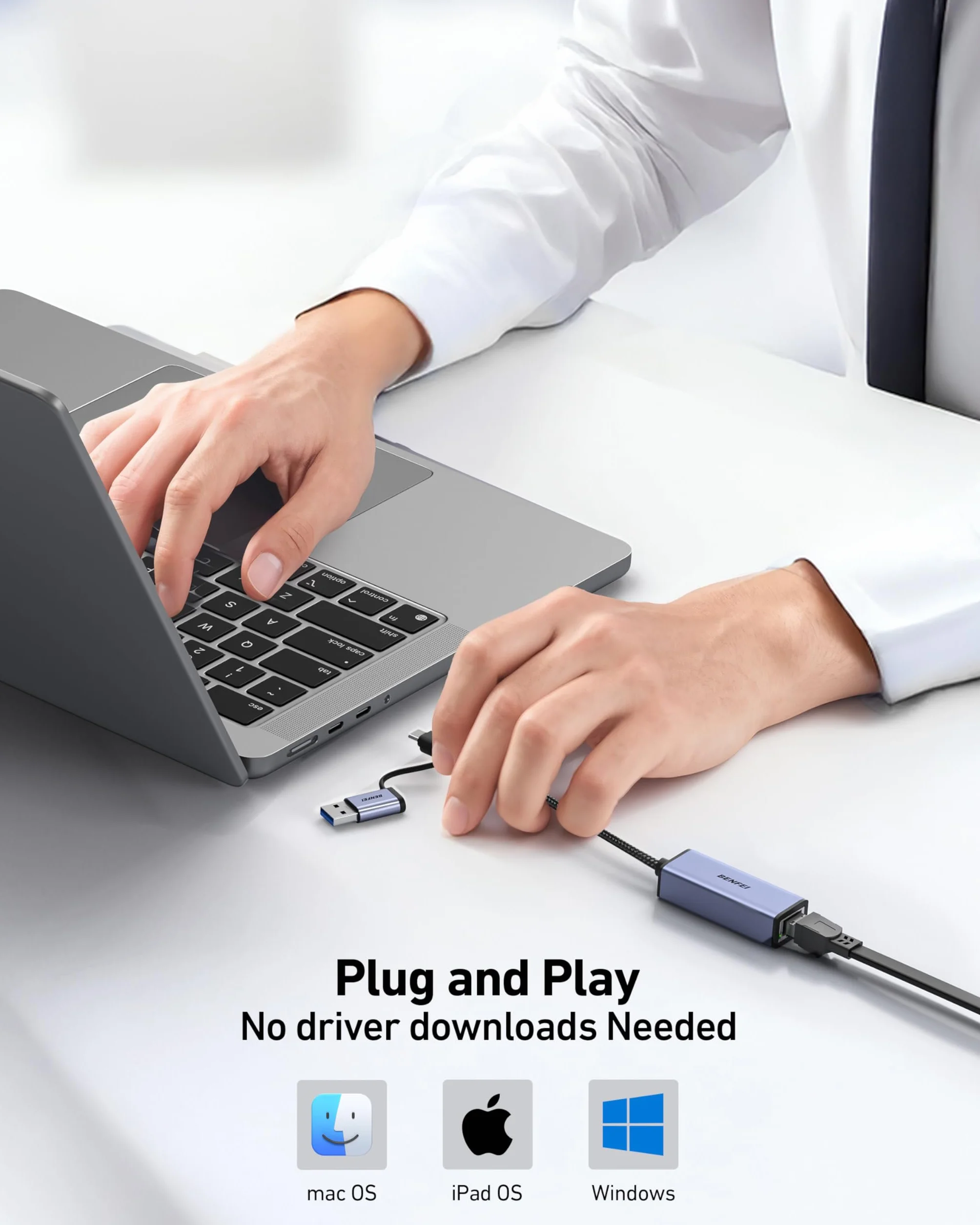 BENFEI Adapter Ethernet, adapter USB 3.0 do RJ45 1000 Mb/s Gigabit LAN kompatybilny z MacBookiem, Surface Pro, PC z Windows 7/8/10, XP, Vista, Mac [aluminiowa obudowa i kabel nylonowy]