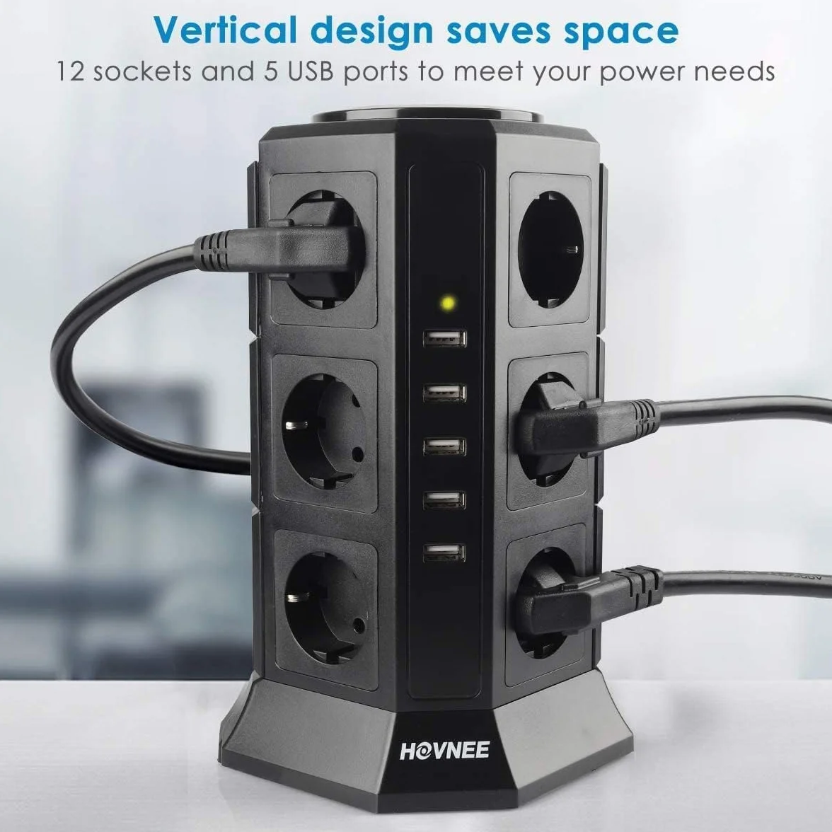 HOVNEE wielogniazdowa listwa zasilająca, 12 gniazd 2500 W/10 A z 5 portami ładowania USB i kablem 5 V/4,5 A o długości 2,0 m, ochroną przed przepięciem i zwarciem, czarna