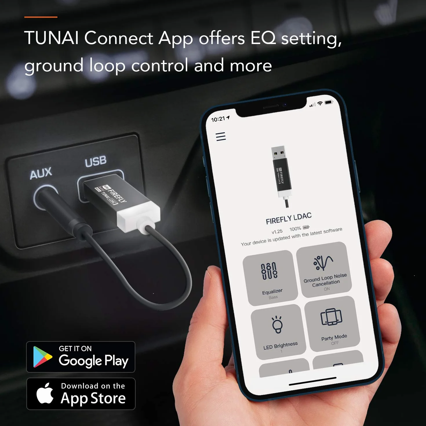 TUNAI Firefly LDAC Adapter odbiornika Bluetooth- bezprzewodowy adapter Bluetooth 5.0 do muzyki w samochodzie z USB DAC i złączem AUX 3,5 mm - automatyczne połączenie, nie wymaga ładowania