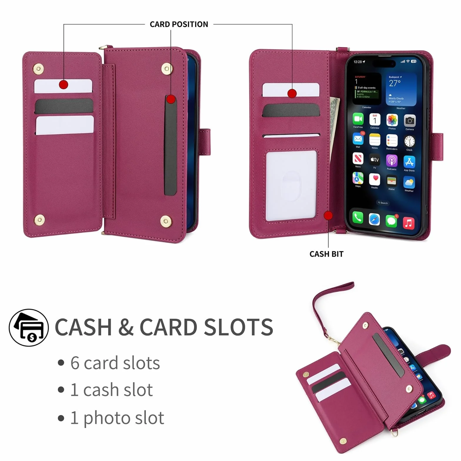 Generic etui kompatybilne z iPhone 15 (kolor: czarny) pasek skórzany portfel crossbody z klapką magnetyczne etui z tyłu