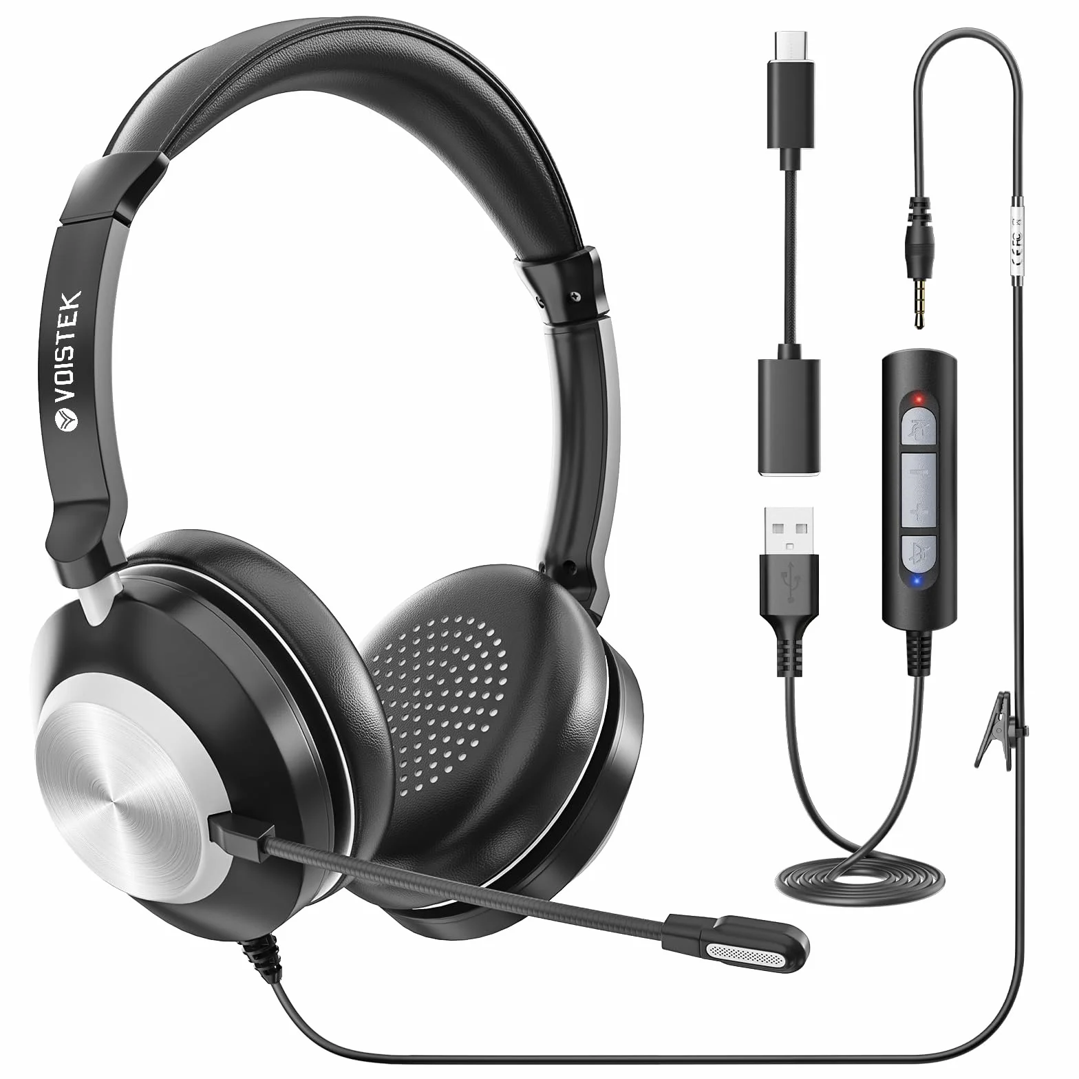 Zestaw słuchawkowy USB z mikrofonem do komputera, laptopa, przewodowy zestaw słuchawkowy z mikrofonem z redukcją szumów i regulacją głośności, do domu, biura, pracy, spotkań wideo, zajęć online, Skype