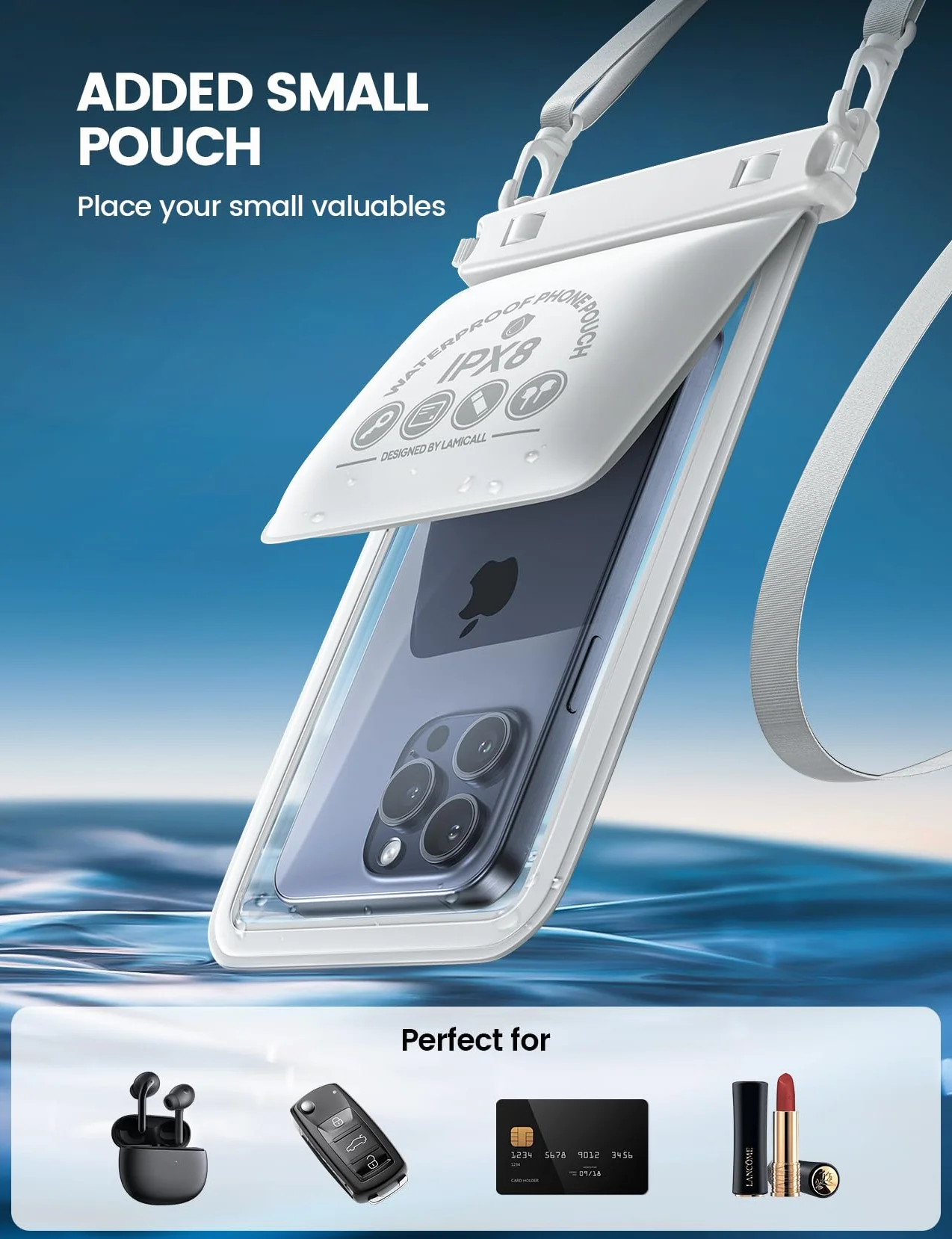 Lamicall Wodoodporna Etui na Telefon, Wodoodporna Torba na Telefon - [Podwójne Komory] Etui Podwodne do Pływania, IPX8 Wodoodporne Etui na Telefon dla iPhone 17/16/15/14/13, Smartfonów Samsung do 7,5”