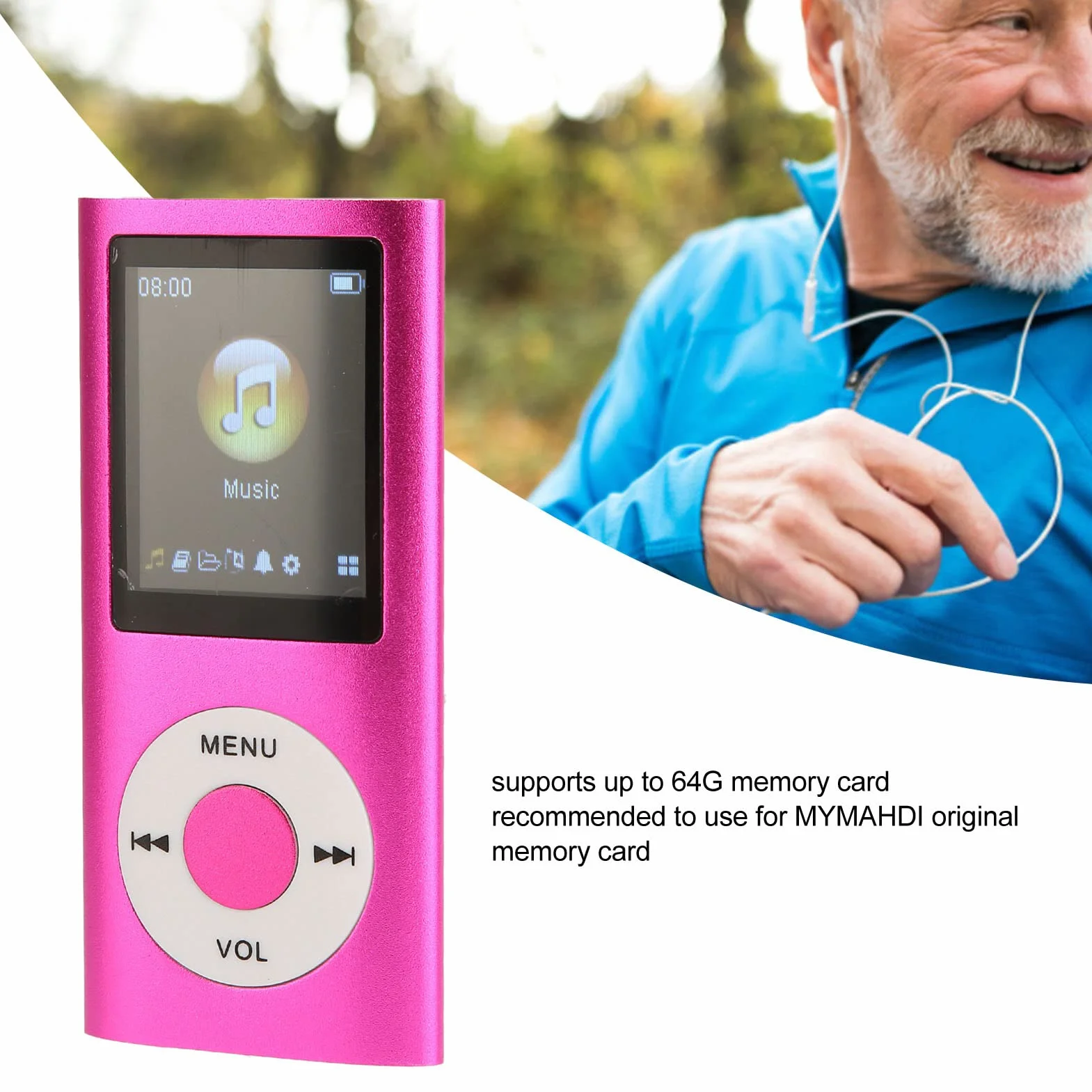 Odtwarzacz MP3 Bluetooth 64GB 1,8 Cala LCD Cyfrowy Odtwarzacz Muzyczny ze Słuchawkami Radiem FM Dyktafonem Ebookiem