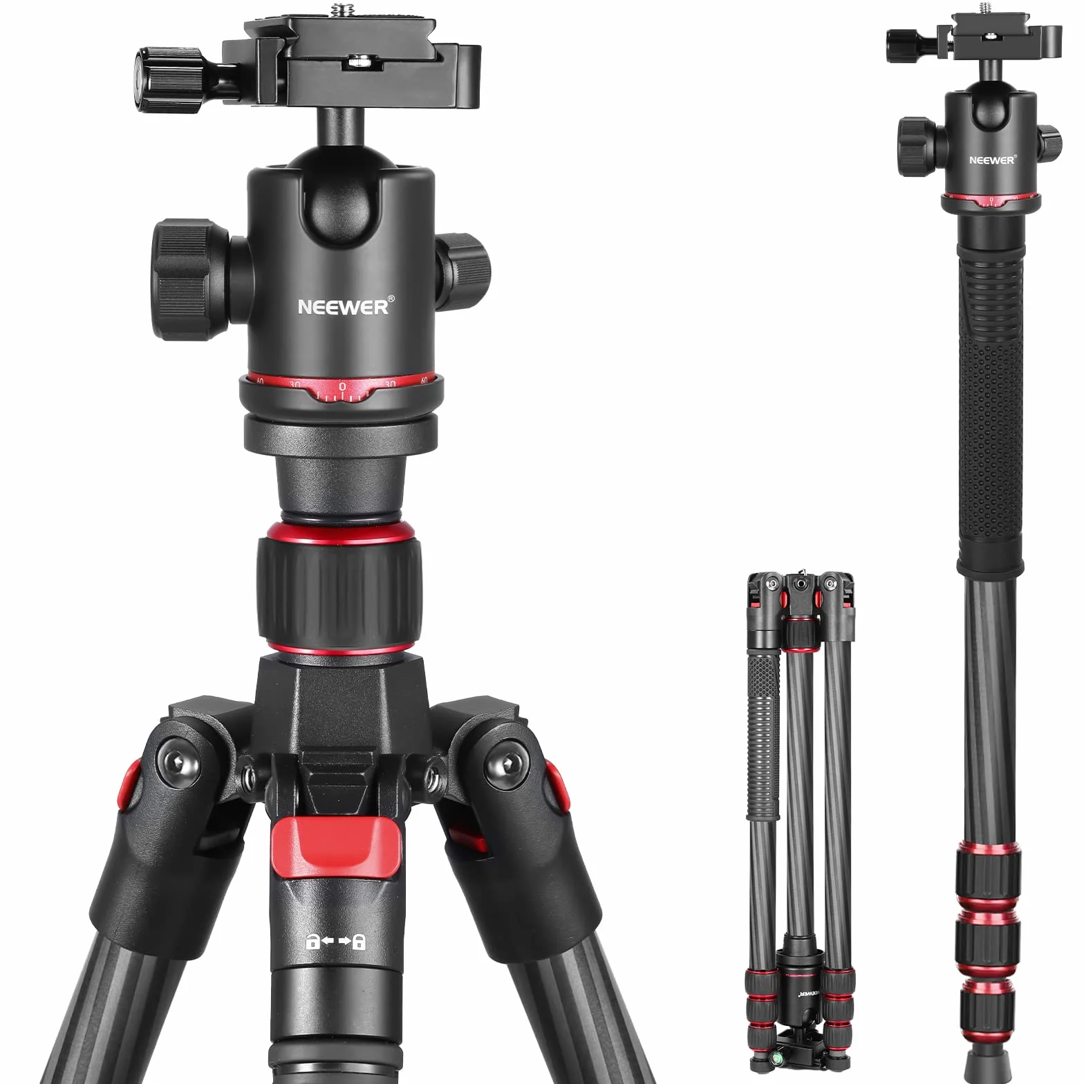 Neewer Statyw jednonożny z włókna węglowego 168 cm z głowicą kulową 360 stopni, płytka do szybkich butów 1/4", torba do przenoszenia lustrzanek cyfrowych, kamery wideo, obciążenie do 12 kg