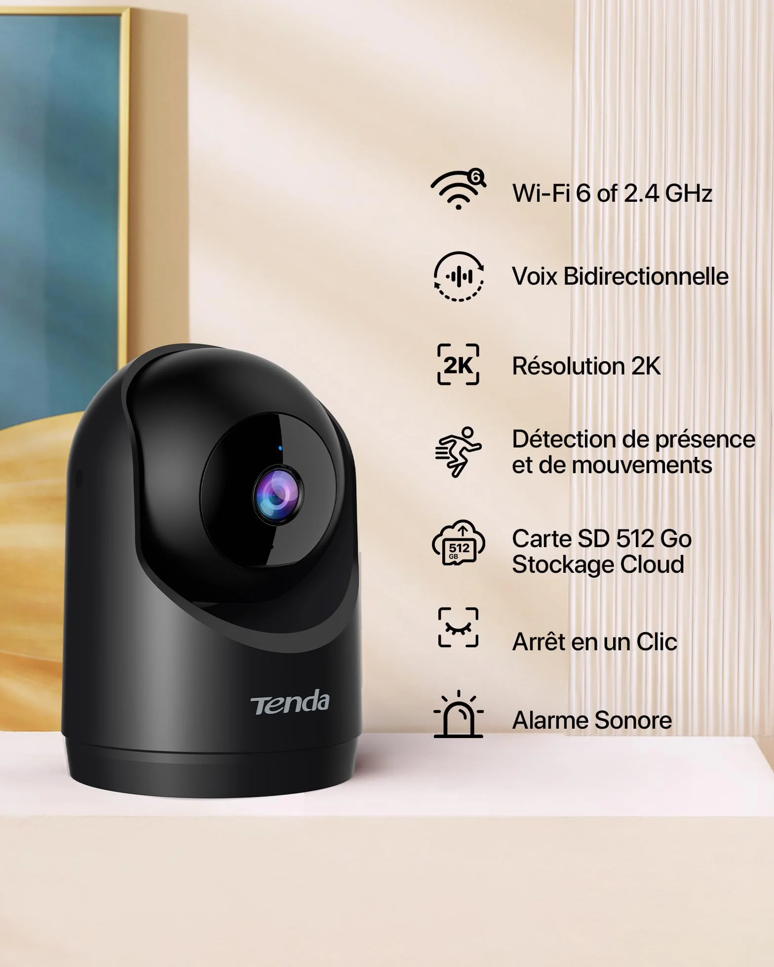 Tenda Wewnętrzna kamera monitoringowa 2K CP3 V3.0, 360 stopni Wi-Fi z 2-drożnym dźwiękiem, FHD 3 MP, widoczność w nocy, wykrywanie ruchu, alarm i wiadomości push, dla niemowląt i zwierząt domowych