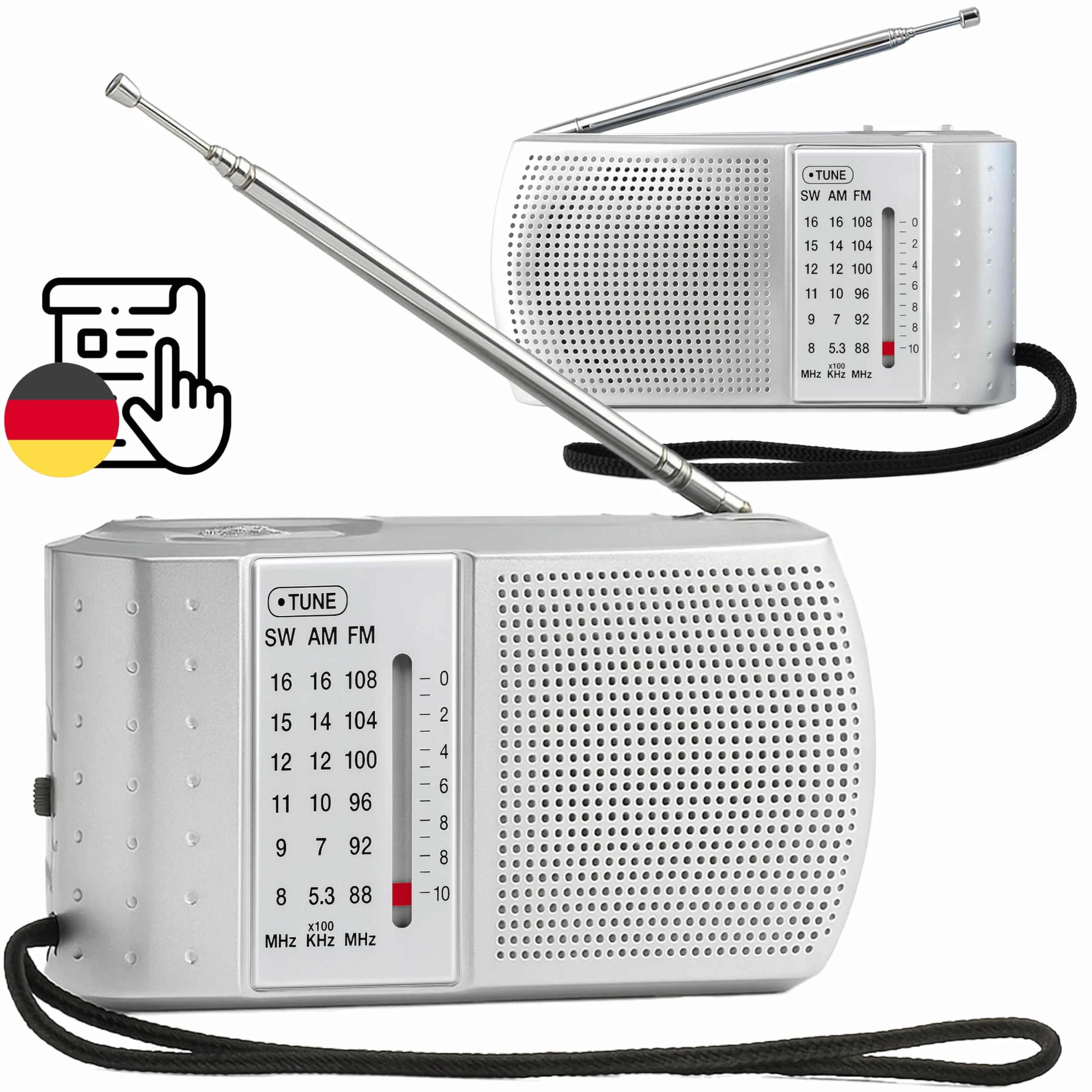 Retoo Przenośne radio FM AM SW z anteną teleskopową, głośnik 2,5", srebrne