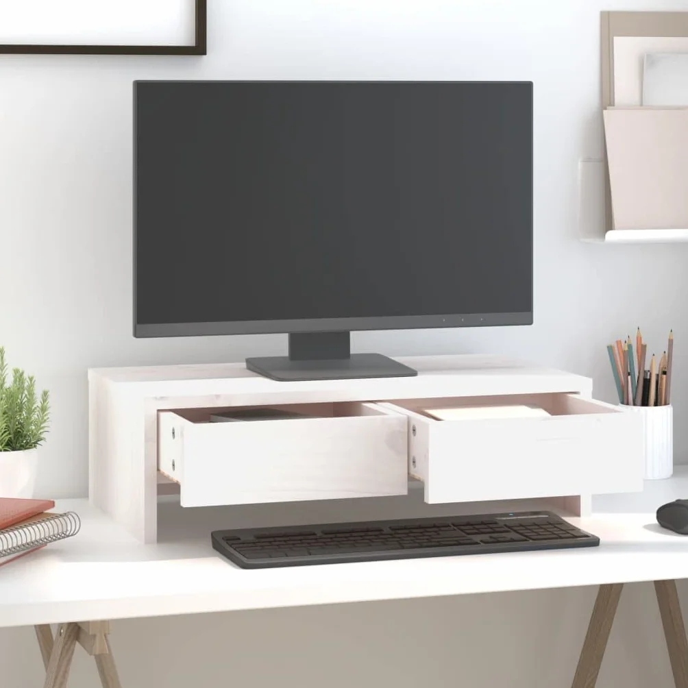 Biały stojak na monitor z litego drewna sosnowego, 50 x 27 x 15 cm, z dwiema szufladami, nakładka na biurko do pracy, biura, biura domowego i gier jako ergonomiczna półka