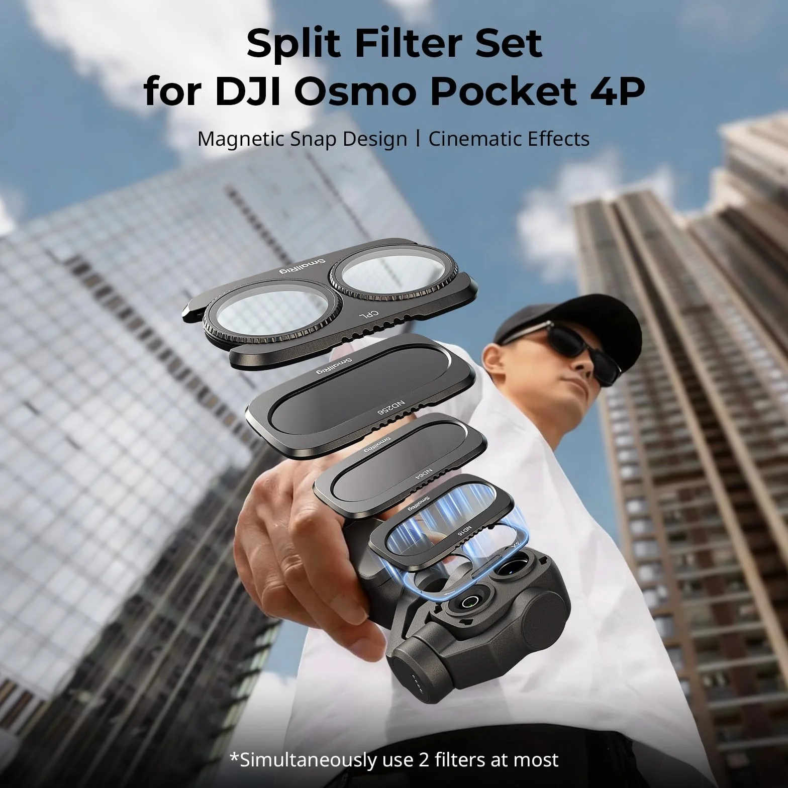 SMALLRIG ND16 ND64 ND256 CPL filtr do DJI Osmo Pocket 4P, zestaw filtrów dzielonych do akcesoriów Pocket 4 Pro z podstawą magnetyczną, obsługuje 2 filtry, wielowarstwowe szkło optyczne HD - 6476