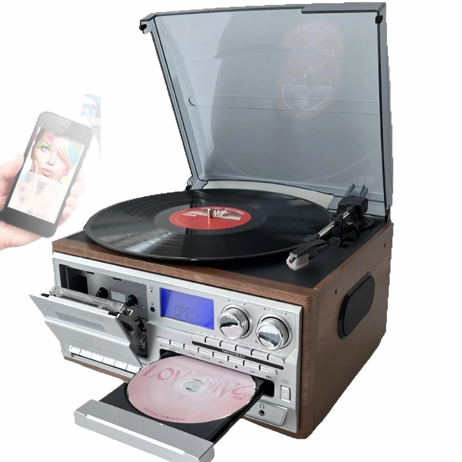 Gramofon gramofonowy z radiem AM/FM, wbudowane głośniki stereo, odtwarzanie płyt CD/kaset, 9 w 1 dla miłośników winylu i entuzjastów muzyki
