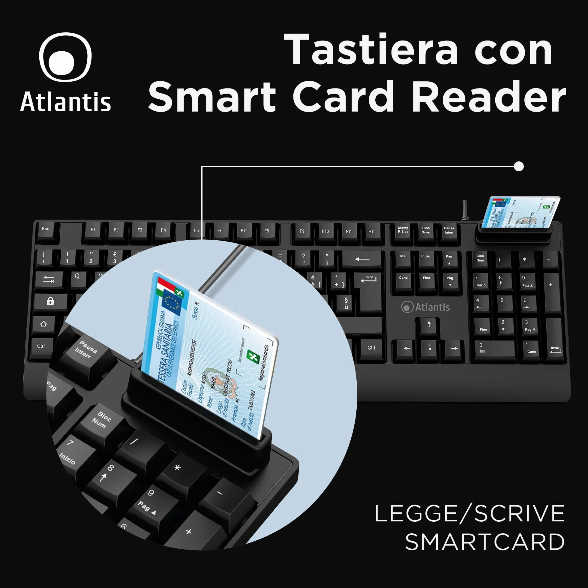 Atlantis Klawiatura z wbudowanym czytnikiem kart SmartCard, włoska QWERTY, odczyt CNS, CRS, karta zdrowia, podpis cyfrowy, złącze USB, kabel 1,5 m - czarny