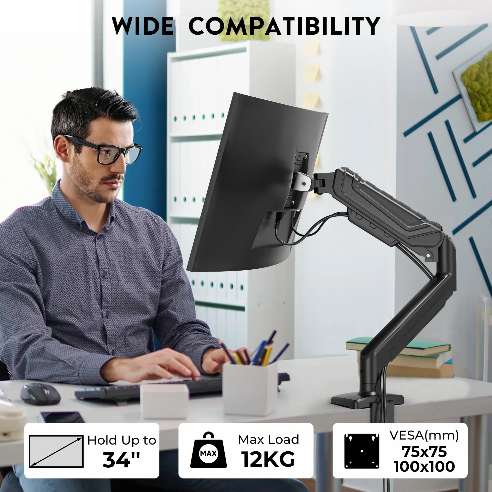 BONTEC Uchwyt do monitora 24-38 cali, sprężyna gazowa, 12 kg, VESA 75/100 mm | Regulacja wysokości, pochylenie, obracanie o 360°, z zarządzaniem kablami – ergonomiczny do domowego biura i gier