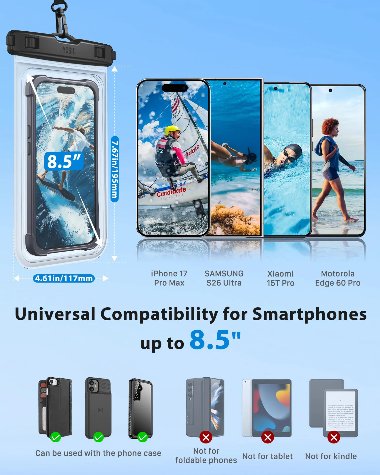 YOSH Wodoodporne etui na telefon dla dużych telefonów o przekątnej do 21.6 cm, wodoodporne etui na telefon IPX8 do pływania łodzią Paddleboarding SUP, wodoodporna torba na Samsung S25, S24, S23, Ultra