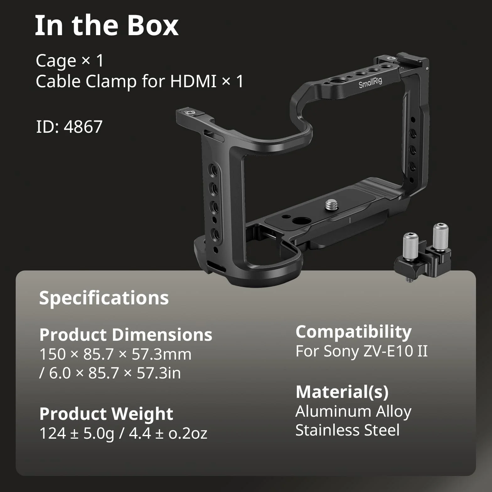 SmallRig Zestaw Klatki ZV-E10 II Dla Sony Alpha ZV-E10 II z Zaciskiem Kablowym do HDMI, Wbudowaną Płytą Szybkiego Montażu Dla Arca, Zimnym Butem i Otworami Gwintowanymi 3/8''-16-4867
