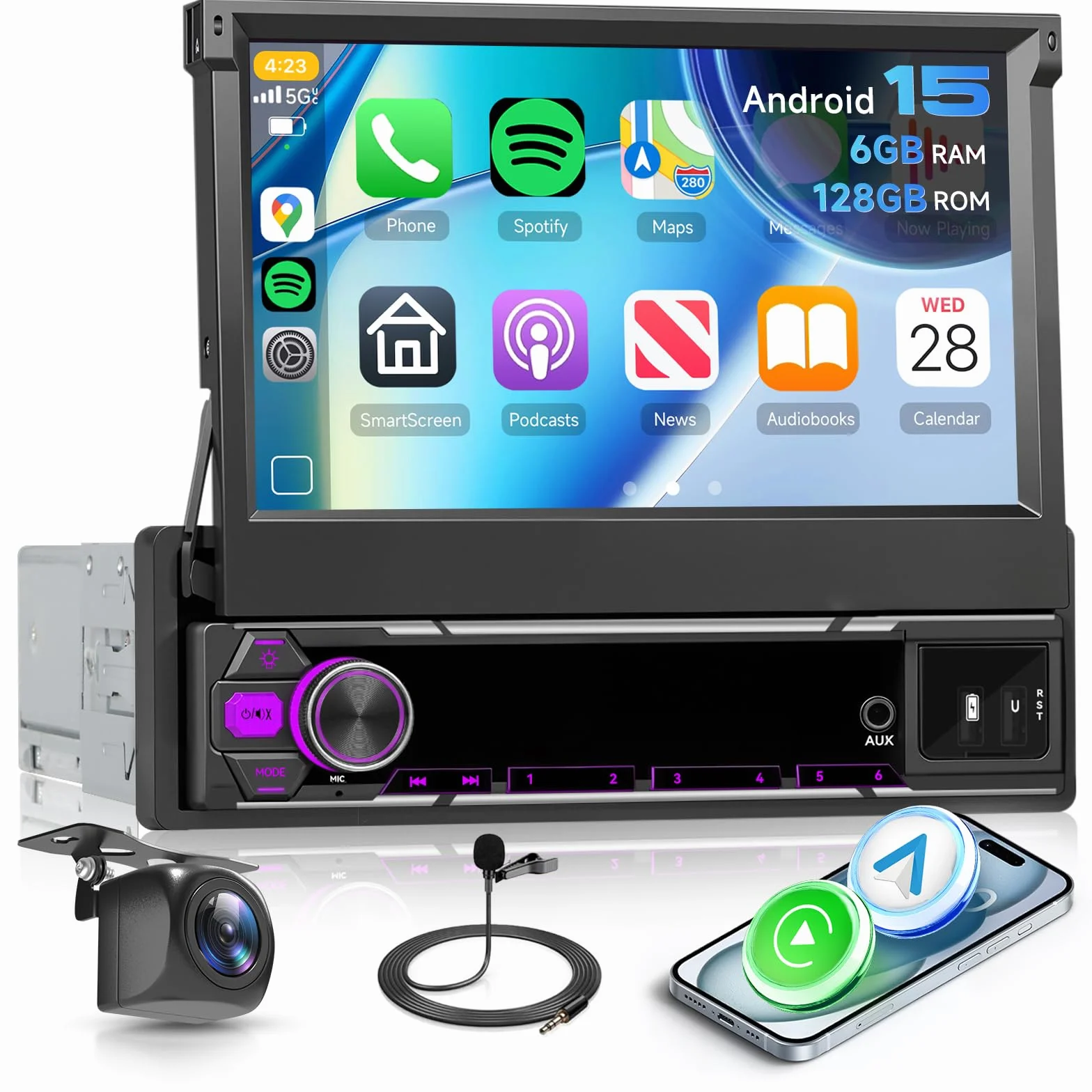 Hodozzy 6G + 128 GB Android 15 radio samochodowe 1 Din wysuwane z Carplay, bezprzewodowy Android Auto, 7-calowy ekran dotykowy nawigacja GPS radio z WiFi, Bluetooth, FM/AM/RDS, DSP, USB i kamerą