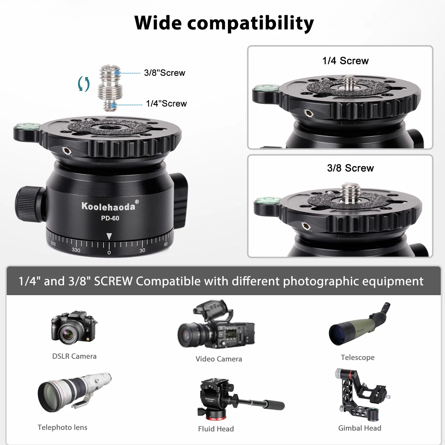 Koolehaoda Głowica poziomująca do aparatu, aluminiowa podstawa panoramiczna 360° frezowana CNC z gwintem 3/8" i przesuniętym poziomicą do głowicy wideo, statywów i monopodów (PD-60)