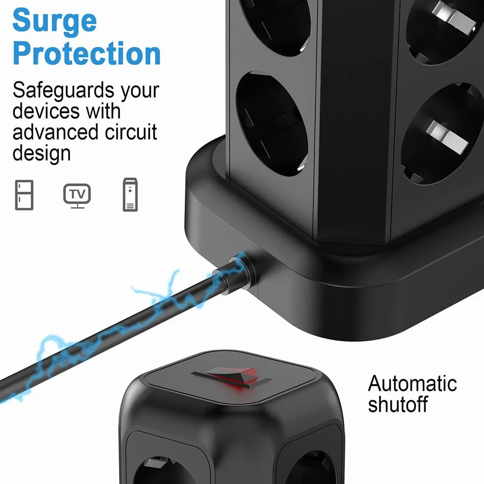 Gniazdo zasilające Multi Tower, wiele gniazd, 2500 W, przedłużacz z 3 portami USB, 1 portem typu C, odpowiednie do różnych zastosowań (11 x 11 x 17 cm)