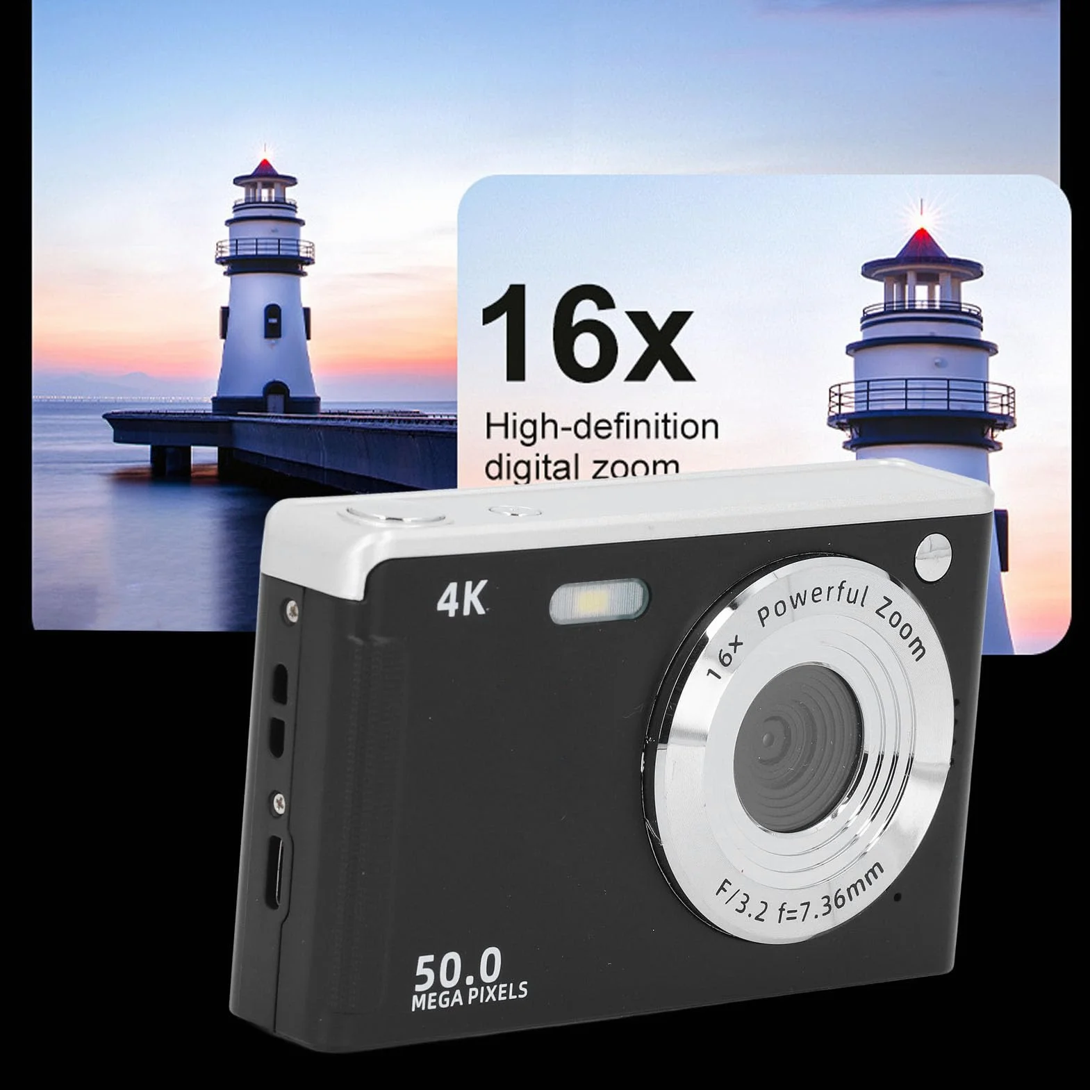 Cyfrowy Aparat Fotograficzny 4K do Fotografii, Aparat do Vlogowania z 16-krotnym Zoomem, Kompaktowa Podróżna Kamera Wideo 50 MP z Autofokusem i światłem Wypełniającym, dla (BLACK)