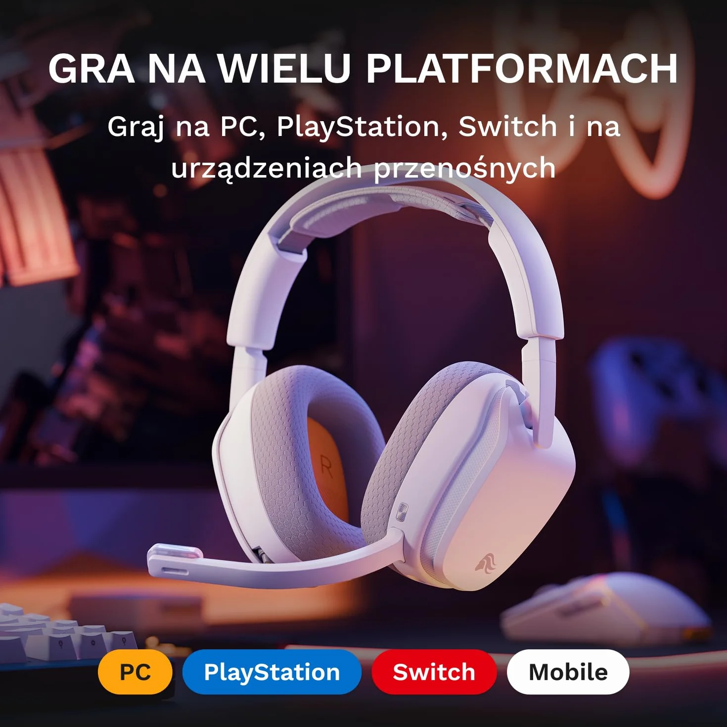 Glorious GHS Wireless InfinitePlay - Headset Gaming - PC, PS5, PS4 - Biały | Wymienne Baterie 85h, ON przy Wymianie, 2.4GHz i Bluetooth, Dostrojone Przetworniki, Odłączany Mikrofon z Redukcją Szumów