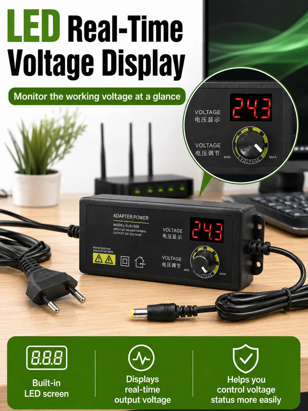 VOBOR Uniwersalny zasilacz AC 100-240 V, 3-36 V, regulowany, 1,7 A wyjście antyzakłócające do monitora LCD, listwy świetlnej LED, silnika