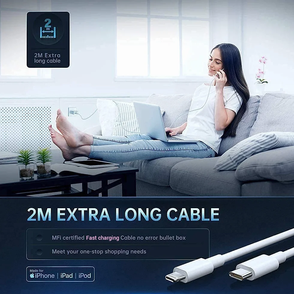 GlobaLink Szybka ładowarka do iPhone'a 20 W, zasilacz USB C z kablem Lightning 2 m + kabel Lightning 2 m, certyfikat MFi, do iPhone 13 Pro Max/mini 12 Pro Max 11 X