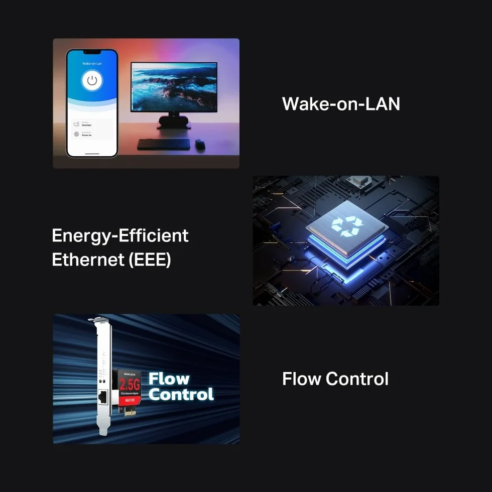 Mercusys Karta sieciowa TP-Link MA310E PCIe 2,5 Gigabit, stała karta Wi-Fi PC, RJ45, Wake-on-LAN, Ethernet o niskim zużyciu energii, kompatybilna ze standardowymi wspornikami i wspornikami o niskim