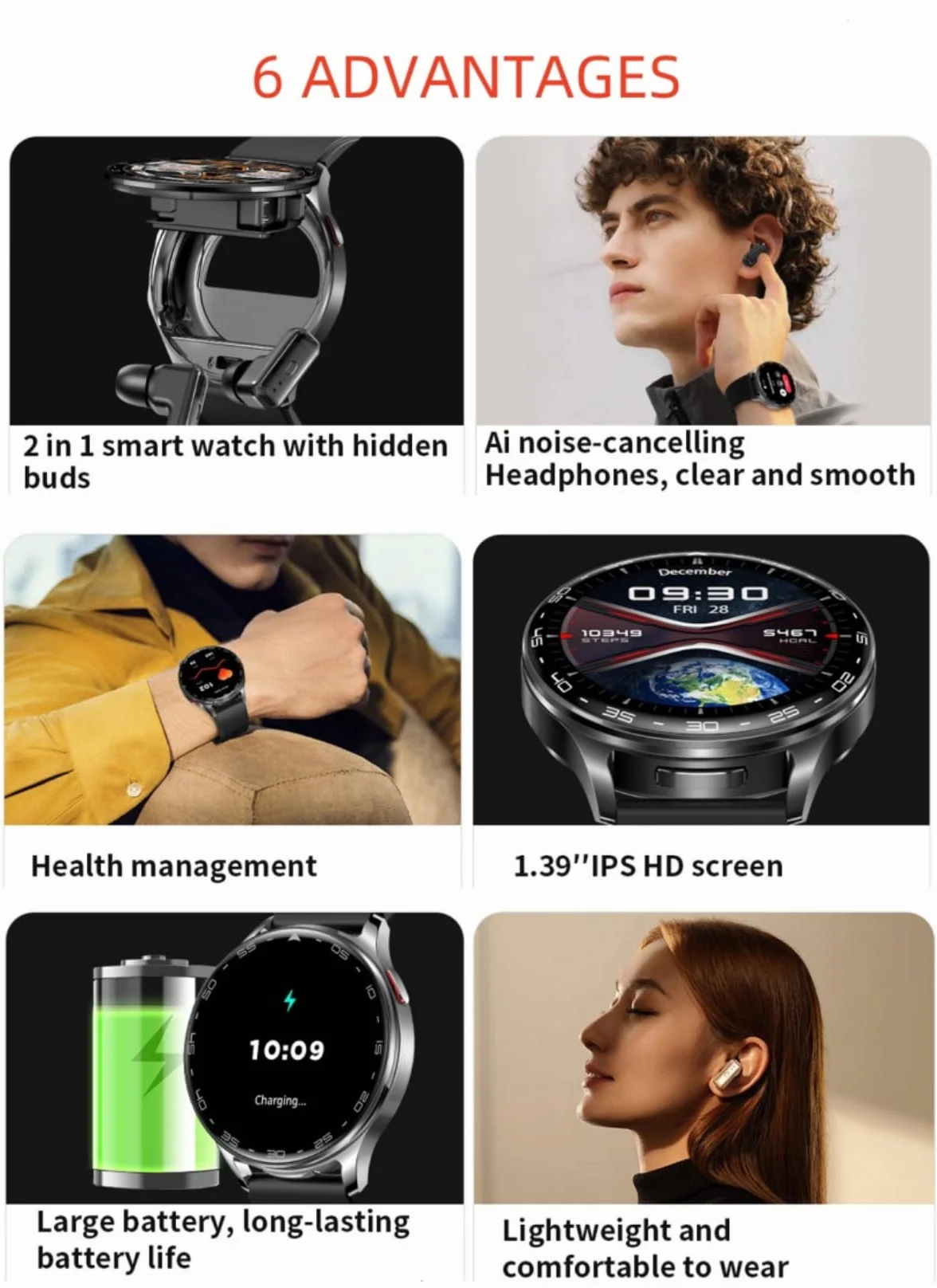 Zephyrion Inteligentny zegarek ze słuchawkami dousznymi do systemu Android iOS, okrągły zegarek sportowy ze słuchawkami Bluetooth, przypomnieniami o wiadomościach, monitorem snu z tlenem we krwi
