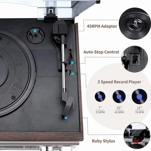 Gramofon winylowy Bluetooth, 3-biegowy odtwarzacz płyt z wbudowanymi głośnikami, odtwarzaczem CD i magnetofonowym, osłona przeciwpyłowa - idealny dla entuzjastów muzyki domowej