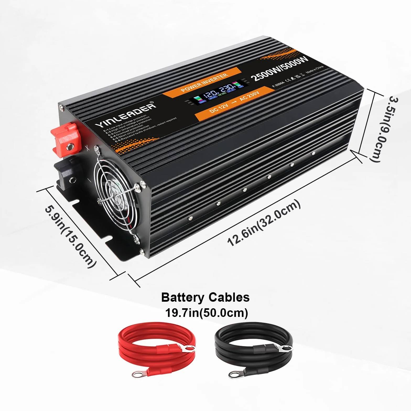 Yinleader Falownik 12 V 230 V 2500 W konwerter mocy z wyświetlaczem LCD 2 gniazda AC do paneli słonecznych samochodów RV
