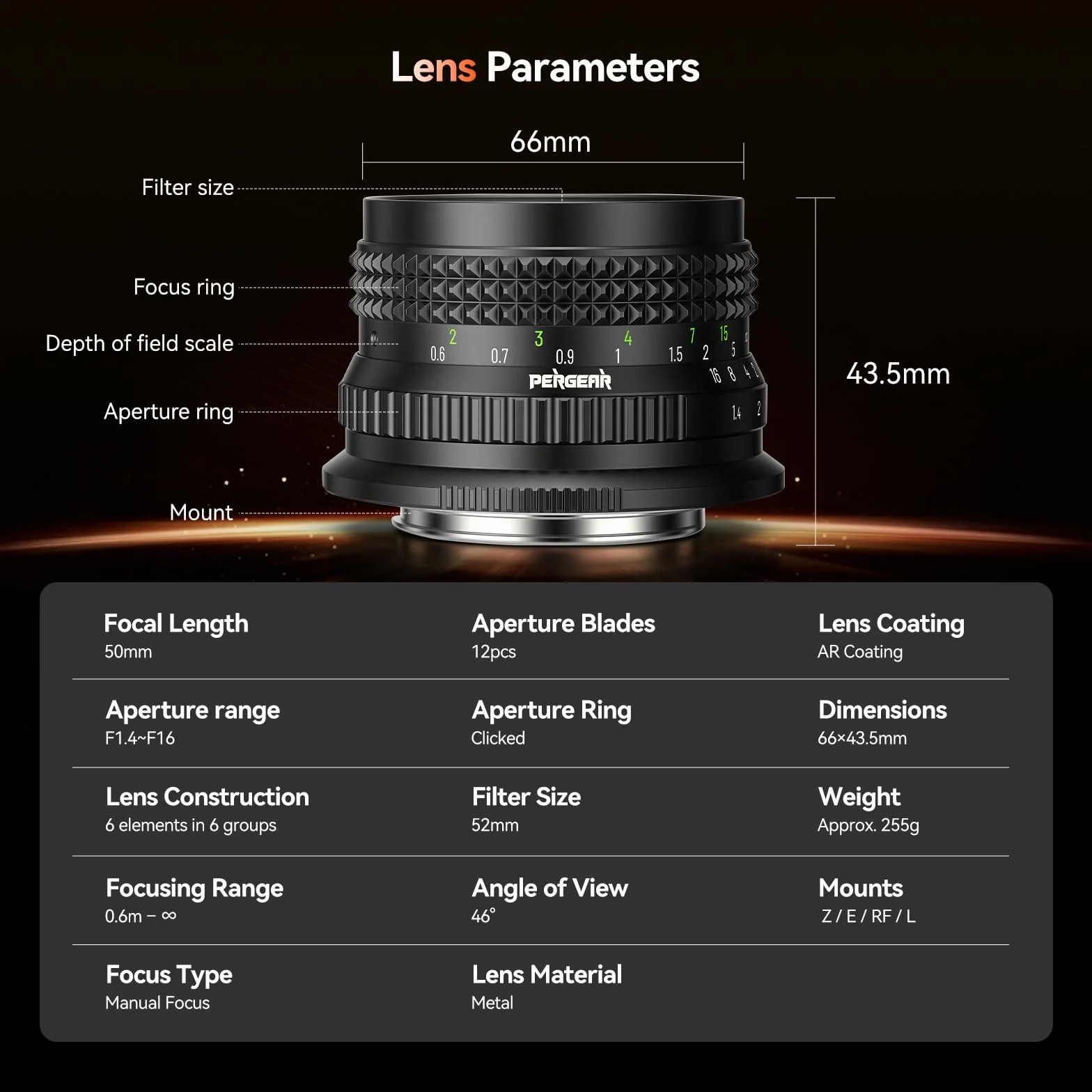 PERGEAR Obiektyw F1.4 50 mm F1.4 z ręcznym ustawianiem ostrości do kamer Nikon Z-Mount, jasny obiektyw portretowy do zdjęć podobnych do filmów, kąt widzenia 46°, kompaktowy i lekki, delikatny bokeh