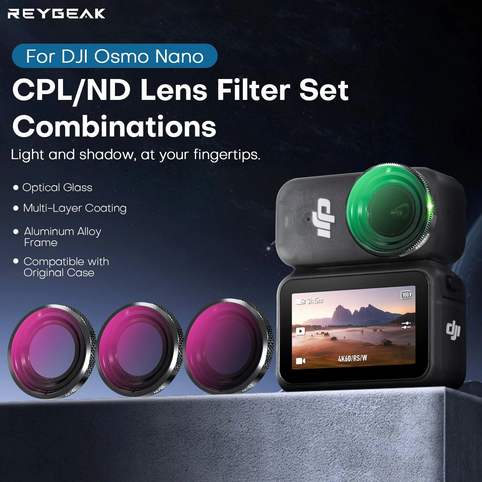 REYGEAK Zestaw filtrów ND do DJI Osmo Nano, CPL/ND8/16/32 do OSMO Nano, rama aluminiowa Multi-Coated HD Optical Glass (CPL/ND8/16/32)