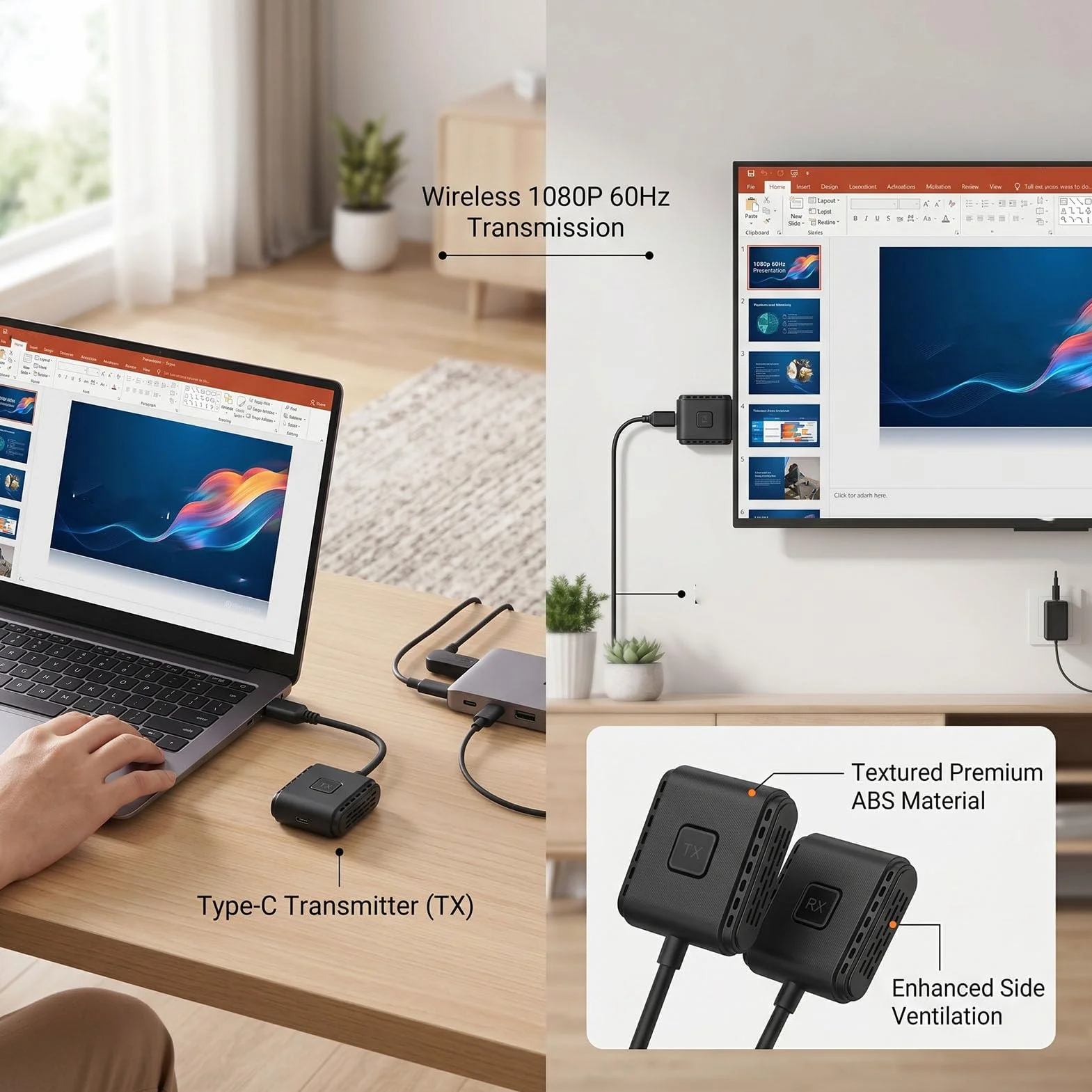 Bewinner Bezprzewodowy Zestaw Nadajnika i Odbiornika HD, Interfejs Multimedialny Typu C do HD Adapter do Lustrzanego Odbicia Ekranu 1080P 60 Hz Projektora Laptopa w Sali Konferencyjnej