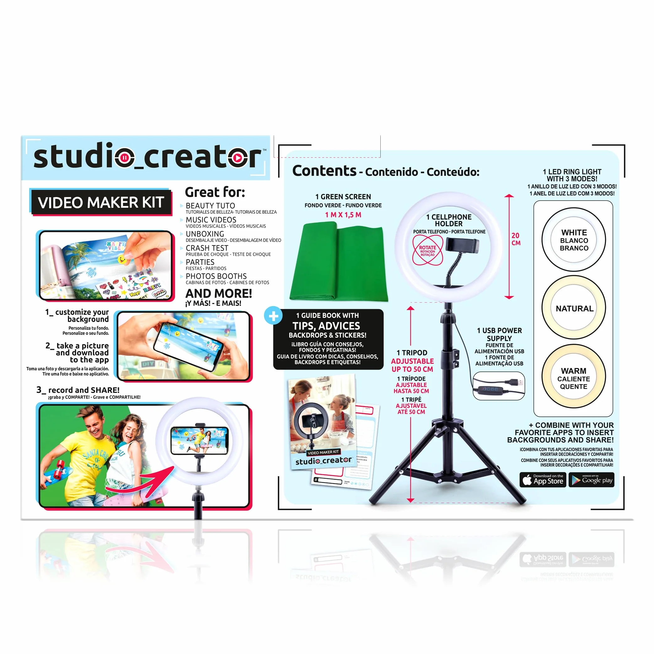Canal Toys - Video Studio Creation Kit - Zostań influencerem - Akcesoria z zielonym tłem, statywem i pierścieniem świetlnym - od 8 lat - INF 001 - Żurawina