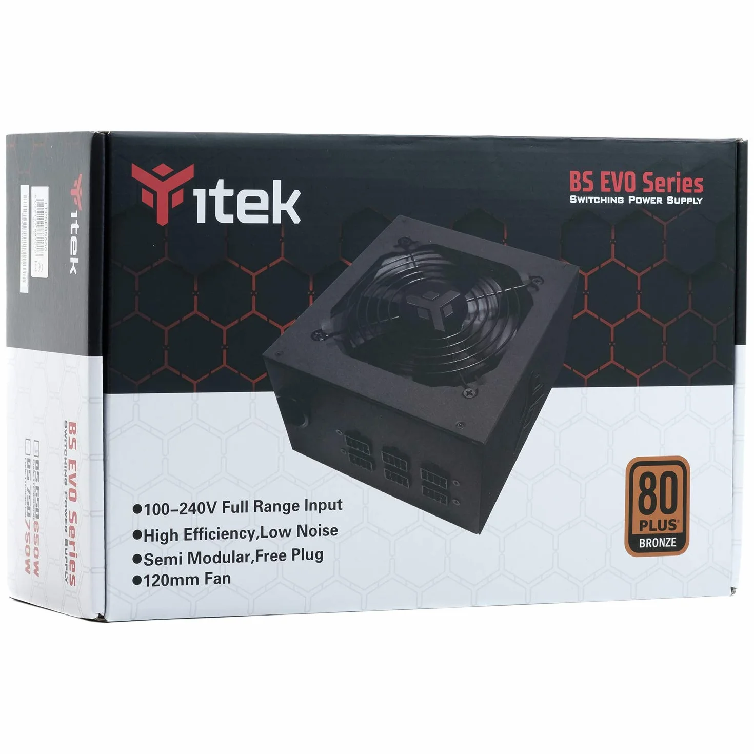 iTek ITPSEBS650 EVO – 650 W, HDB Hydraulic Dynamic Bearing 12 mm, aktywna ochrona PFC, certyfikat efektywności 80 Plus, brąz, wentylator HDB 12 cm, półmodułowa Free Plug, ITPSEBS650