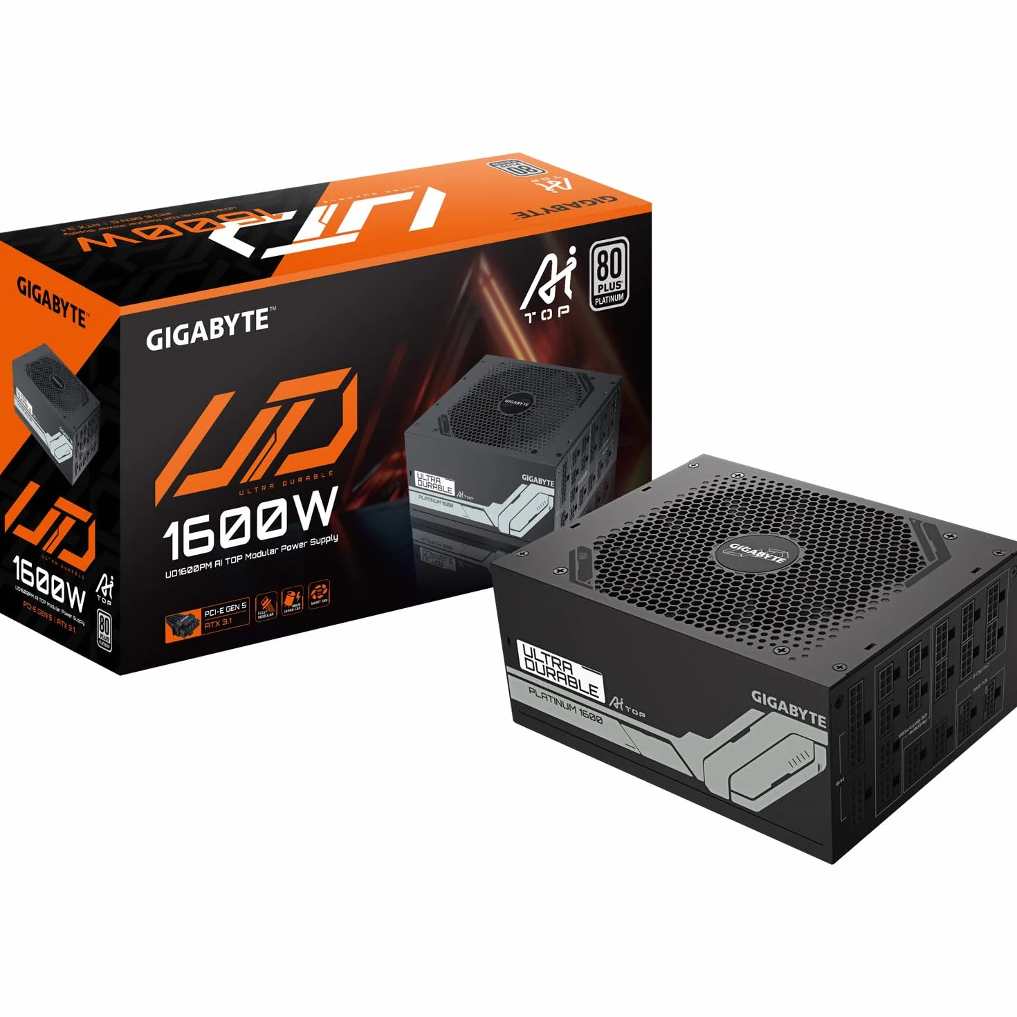 GIGABYTE UD1600PM PG5 AI TOP zasilacz - PCIe 5.0, 80 Plus Platinum, w pełni modułowa konstrukcja, wentylator 120 mm, kompatybilny z ATX 3.1, wtyczka UE