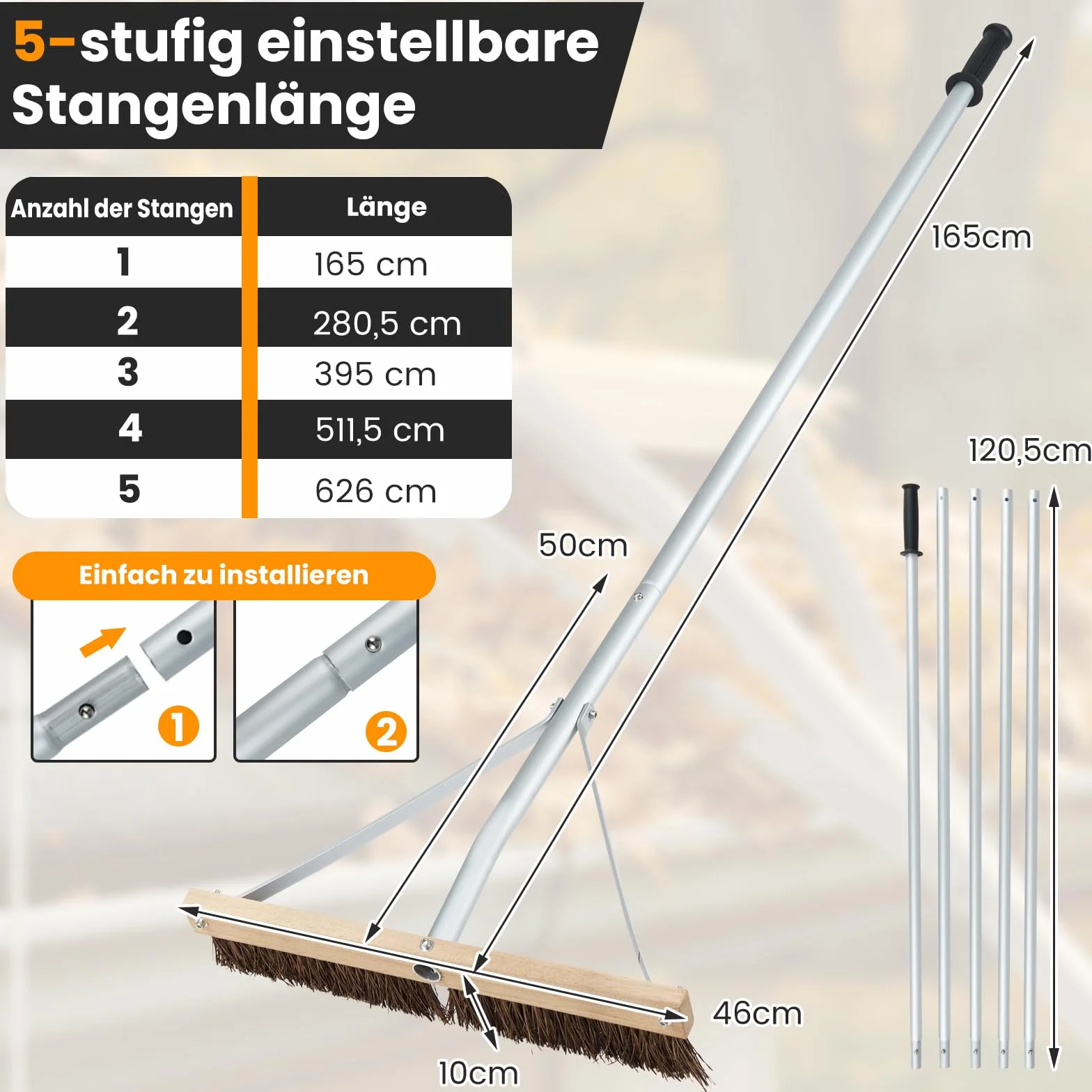 COSTWAY Miotła ogrodowa, miotła do czyszczenia dachu, regulowana w zakresie 165-626 cm, miotła uliczna z długim uchwytem i stabilną trójkątną strukturą, aluminium, do czyszczenia wysokich sufitów