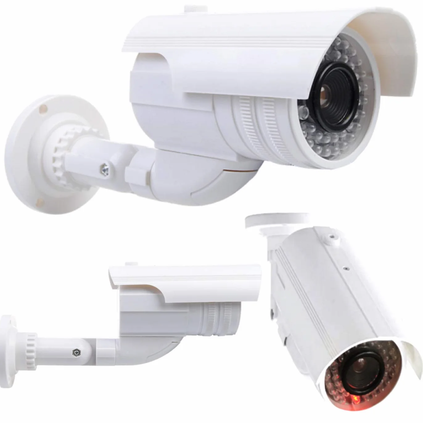 O&W Security Atrapa kamery do monitoringu – Dummy kamera CCTV z obiektywem, migającą diodą LED i czujnikiem ruchu, obudowa chroniąca przed warunkami atmosferycznymi z dachem przeciwdeszczowym