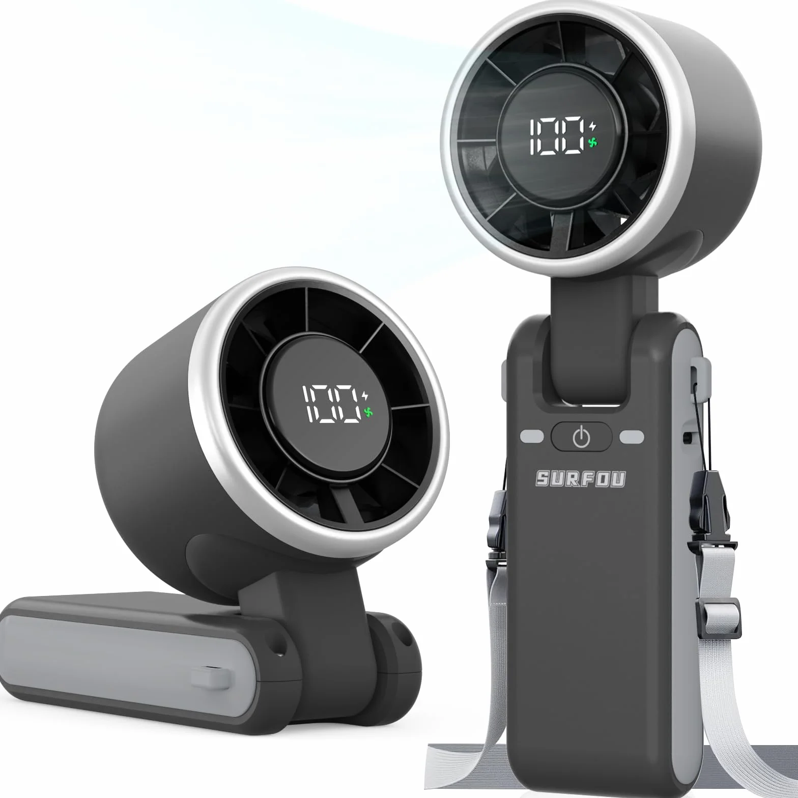 SURFOU Wentylator ręczny 4000 mAh, przenośny mini wentylator turbo z 5 stopniami, wskaźnik LED, składany, 3 w 1, ładowanie przez USB, wydajny do biura, podróży i na zewnątrz, czarny