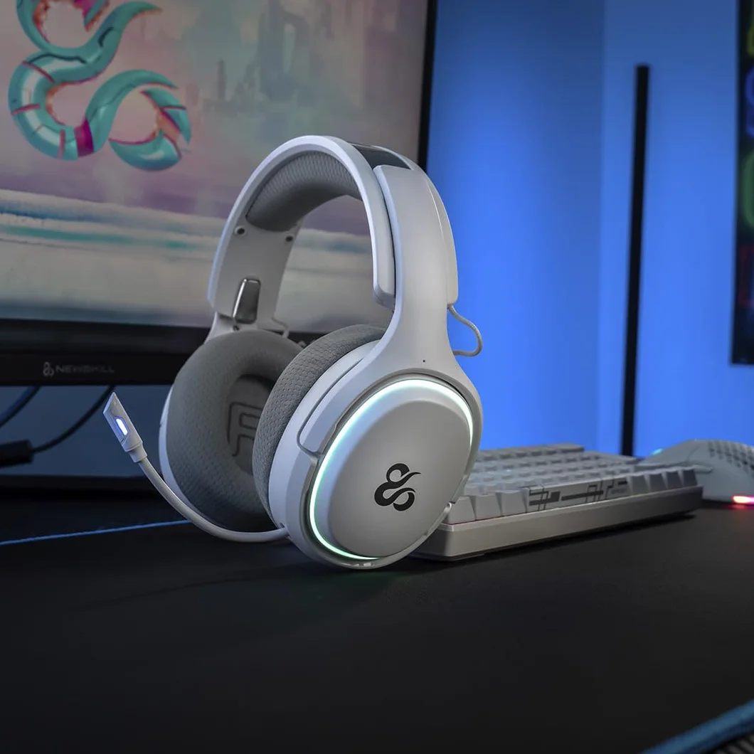 NEWSKILL Aton V2 Bezprzewodowe słuchawki do gier 2.4G, Bluetooth 5.0 i kabel typu C, chowany mikrofon, dźwięk przestrzenny, RGB, kompatybilne z PC, PS5, przełącznikiem i telefonem komórkowym (biały)